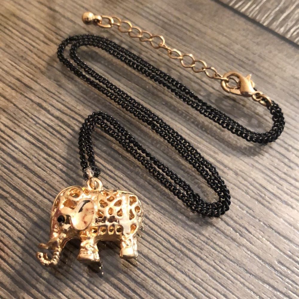 Golden Elephant on a Black Chain Critter Necklace